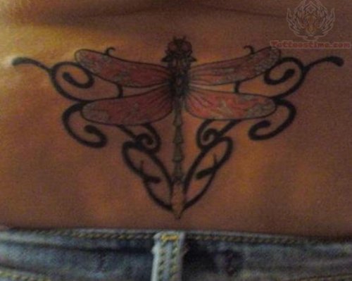 Dragon Fly And Tribal Tattoo On Lowerback